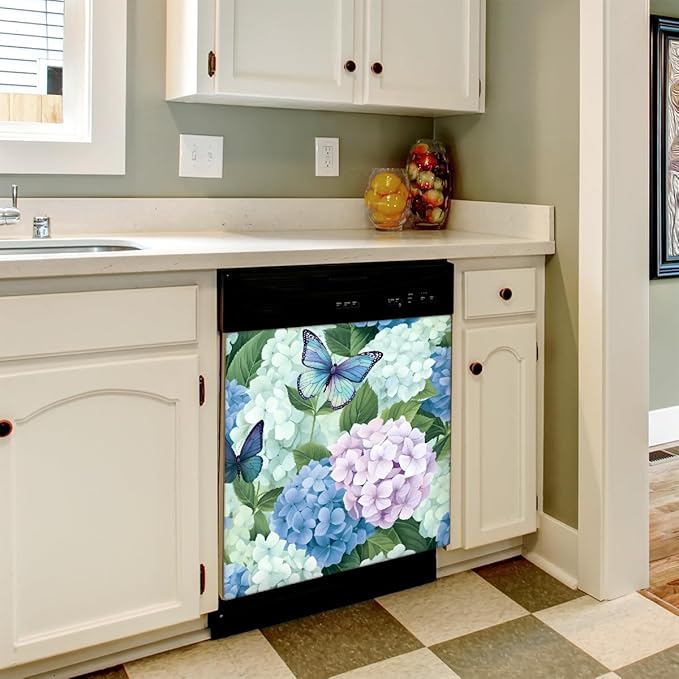 Dishwasher Magnet Cover Butterfly Hydrangea Flowers Reusable Dishwasher Magnetic Cover Sticker Decorative Dish Washer Door Cover Panel for Home Kitcen Appliance, 21x26 in