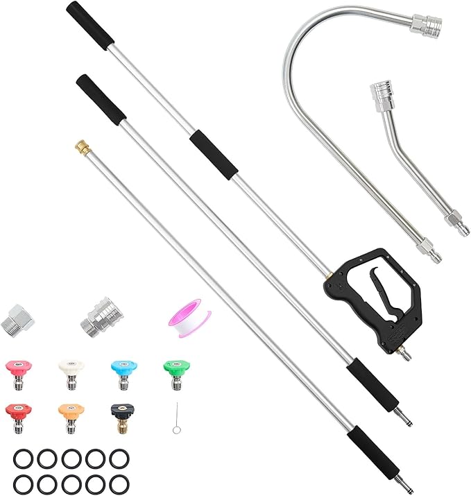 VEVOR 9 FT Pressure Washer Telescoping Wand, 3-Section with Power Washer Extension Wands, 7 Nozzles, Hose Adapter, Support Belt, Storage Bag, 4000 PSI Telescopic Gutter Cleaner for High Cleaning