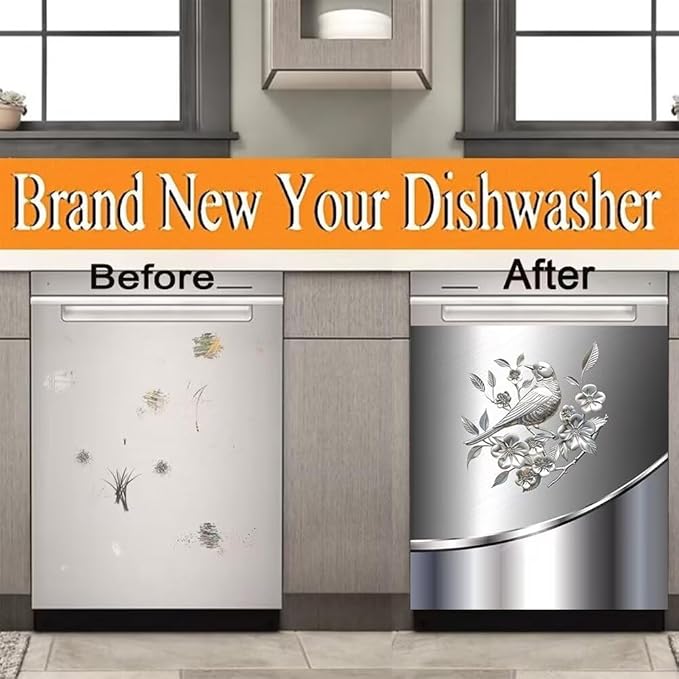 Stainless Steel Design Bird and Flower Pattern Sweet Home Dishwasher Magnetic Sticker,Refrigerator Magnets Kitchen Decorative,Fridge Magnetic Panel Decal for Home Appliance 23W x 26H inchs