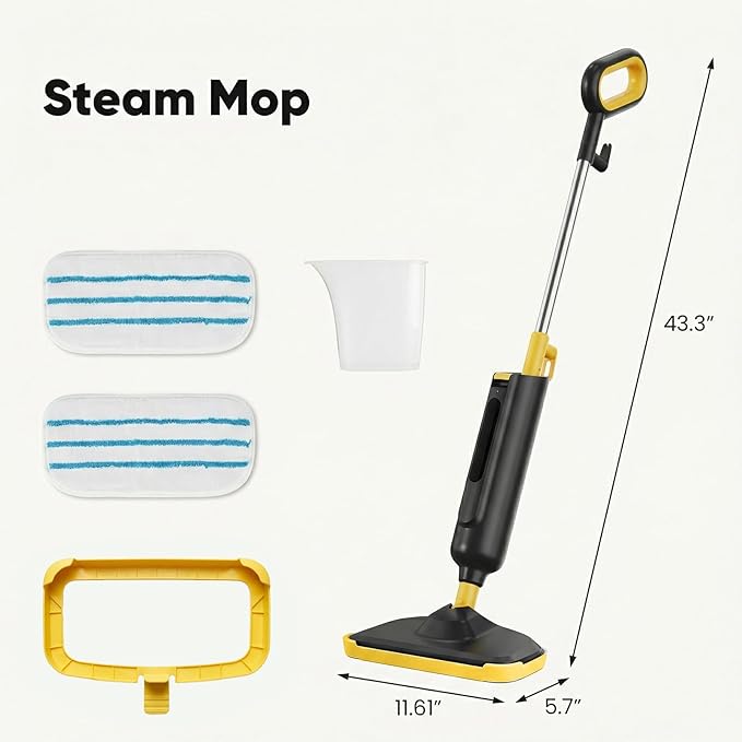 DUMOS Steam Mop for Floor Cleaning, Detachable Handheld Steam Cleaner, Suitable for All Floors Like Tiles, Hardwood, Stone, Lightweight with 2 Washable Pads,Black and Yellow