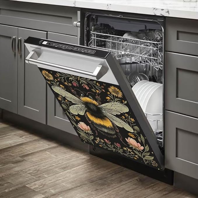 Flower and Bee Pattern Dishwasher Magnetic Cover Sticker Magnetic Refrigerator Full Door Cover Sticker Kitchen Decor Panel Decal 23W x 26H inchs