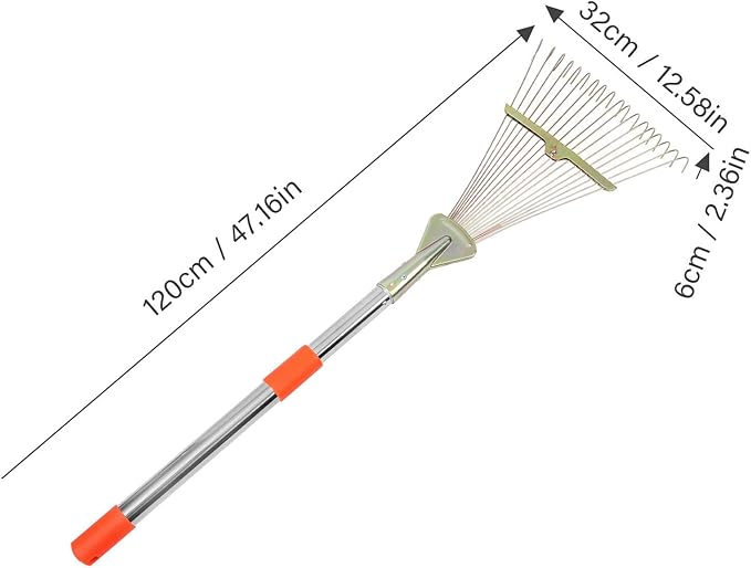 Luxshiny 18-Tooth Retractable Stainless Steel Garden Rake with Extendable Handle 80cm for Lawn and Leaf Cleaning, Heavy Duty Metal Rake for Soil Leveling and Yard Maintenance