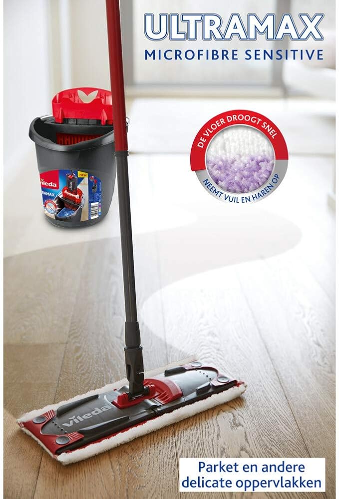 Vileda UltraMax Power 2-in-1 Complete Set of Flat Microfibre Mop + Bucket with Wringer