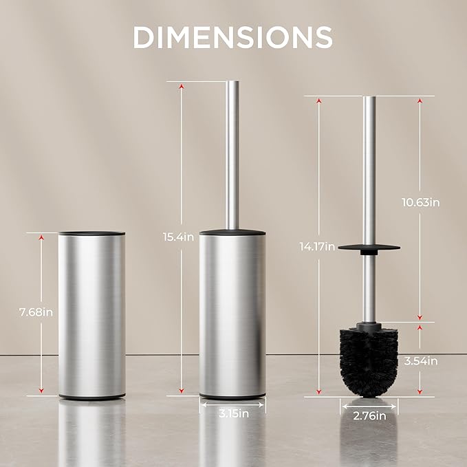 FORIOUS Toilet Brush and Holder Set Brushed Nickel, Heavy Duty 304 Stainless Steel Base and Long Handle Toilet Bowl Cleaners Brush, for Bathroom Storage and Organization, 2 Brush Head