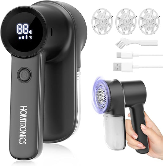 Rechargeable Lint Shaver, Lint Remover with LED Light,3 Extra Blades | 3-Speeds Sweater Shaver with LED Display, Electric Fabric Shaver for Clothing & Furniture, Type-C Fast Charging Port - Black by Homtronics
