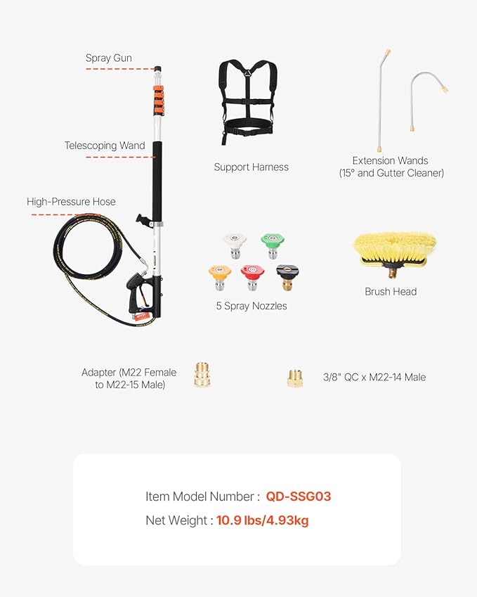 VEVOR Pressure Washer Telescoping Wand, 18 ft, 4000 psi, Telescopic Spray Wand with Power Washer Extension Wands, Gutter Cleaner, Brush Head, 5 Spray Nozzle Tips, Adapter and Adjustable Support Belt