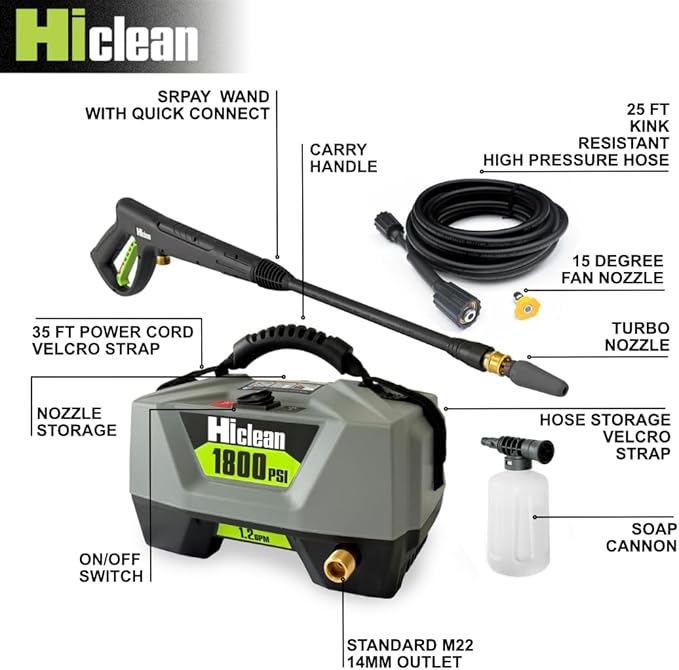 Hiclean Electric Pressure Washer 1800 PSI - Portable Power Washer for Car Detailing, Patios, Fences and Outdoor Cleaning, Compact Design with Foam Cannon, Turbo and Fan Nozzles, ETL Certified