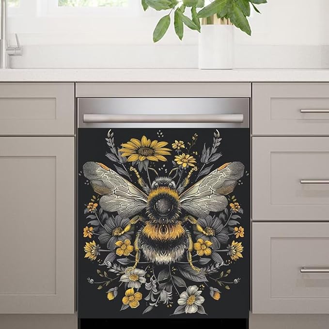 Flower and Bee Painting Dishwasher Magnet Cover Sticekr - Kitchen Decorative Fridge Panel Decal - Kitchen Appliances Decorate Sticker - 23W x 17H inchs
