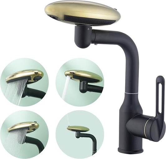 Single Hole Rotatable Bathroom Sink Faucet Black and Gold - 4 Water Modes Multifunctional Faucet with 360° Swivel, Extended Spout & Fountain Mode