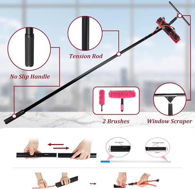 Telescopic Solar Panel Cleaning Brush Kit - 3-12M Pole 35/55cm Brush Head Water Hose Fed Outdoor Window & Roof Cleaner RV & Pool Cleaning Tool (7M with 55CM Brush)