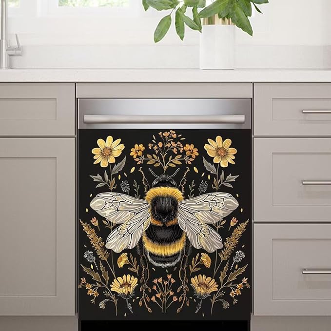 Flower and Bee Wallpaper Dishwasher Magnet Cover Sticekr - Kitchen Decorative Fridge Panel Decal - Kitchen Appliances Decorate Sticker - 23W x 26H inchs