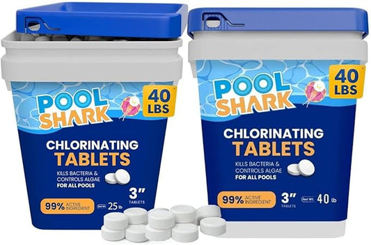 Pool Shark Swimming Pool Chlorine Tablets 2 x 40 lb as 80 lb 3-Inch Chlorine Tablets Slow-Dissolving 90% Active Chlorine Tabs Pool Chemicals for Inground Pools Above Ground Pools Saltwater Spa Hot Tub