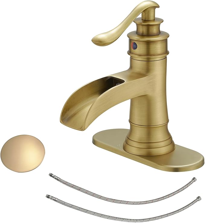 BWE Antique Brass Bathroom Faucet Single Hole Waterfall Bathroom Sink Faucet with Pop Up Drain Assembly and Supply Hose Rustic Lavatory Vanity Sink Faucet Mixer Tap