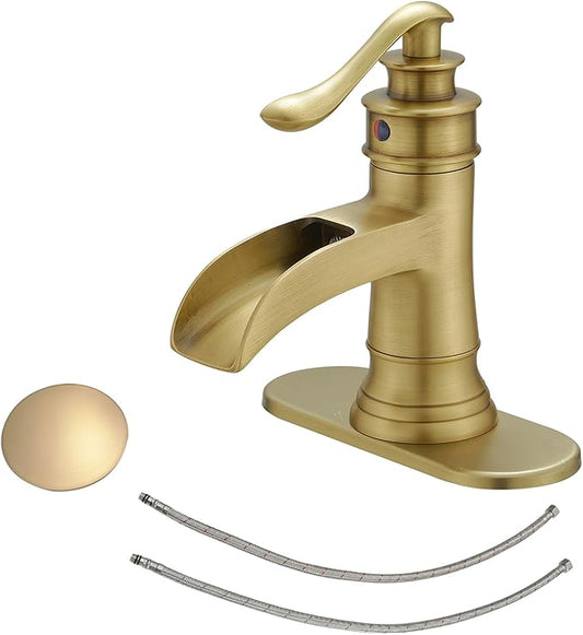 BWE Antique Brass Bathroom Faucet Single Hole Waterfall Bathroom Sink Faucet with Pop Up Drain Assembly and Supply Hose Rustic Lavatory Vanity Sink Faucet Mixer Tap