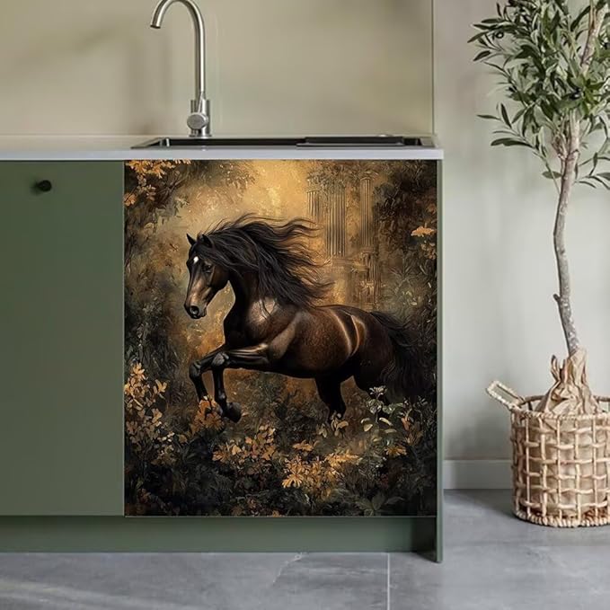 Black Horse Kitchen Decor Dishwasher Magnet Cover Decal, Rustic Magnetic Dish Washer Panel Door Vinyl Sticker, Refrigerator Magnets,Easy to Clean, 23 x 26 inch