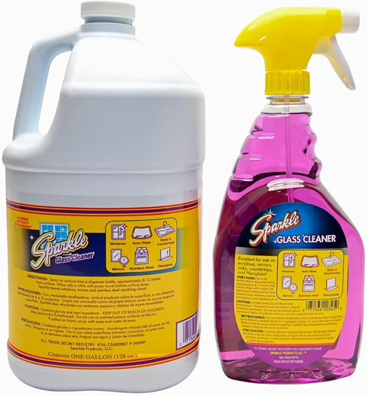 Sparkle Glass Cleaner Spray Bottle & 1 Gallon Refill, Ammonia-Free Original Formula, Streak-Free Shine, 33.8 fl oz + 128 fl oz (Pack of 1 Set)