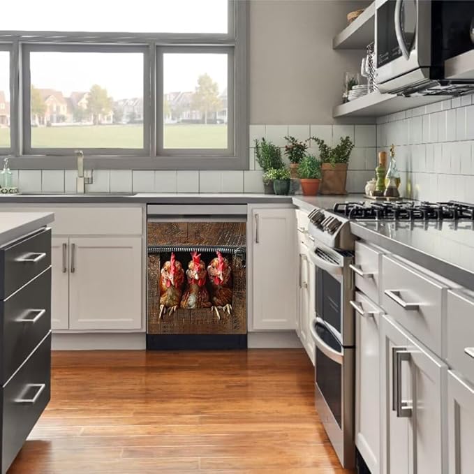 Wood Board and Rooster Wallpaper Dishwasher Magnet Cover Sticker Magnetic Refrigerator Panel Sticker Decorative Front Door Decal 23W x 17H inchs