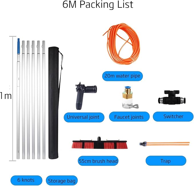 Water Fed Window Cleaning Pole Water Supply hosee and Soap Dispenser, Telescopic Hose Fed, Gutters Conservatory Extendable Extended Brush Kit Telescopic Brush 6poles 55brush Head