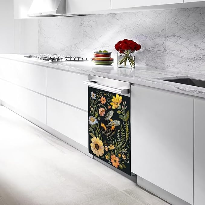 Flower and Bee Painting Dishwasher Magnet Cover Sticker,Refrigerator Magnet Cover Decal Fridge Magnetic Stickers Home Kitchen Decor,23W x 17H inchs