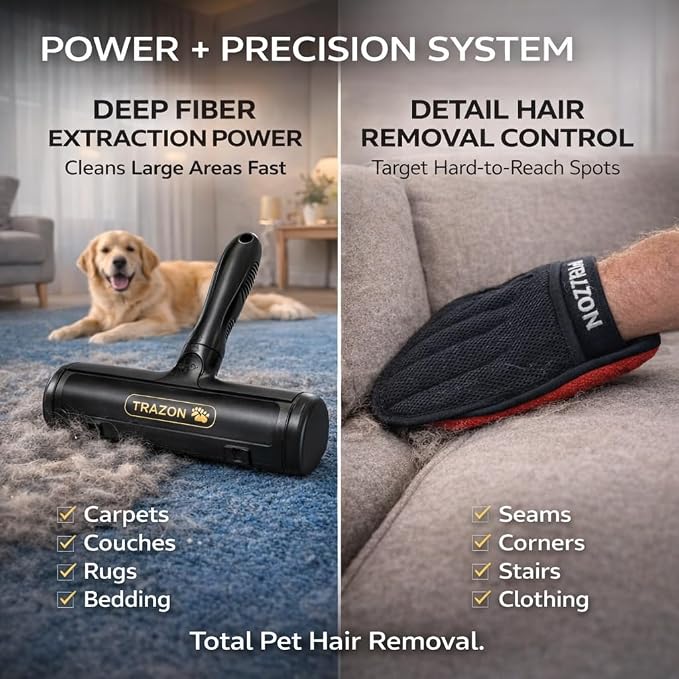 Pet Hair Removal System ?€? Reusable Lint Roller & Lint Remover for Pet Hair on Carpet, Couch & Furniture + Pet Hair Glove Brush ?€? Dog & Cat Fur Remover Tool for Car, Rugs & Clothing - Image 2