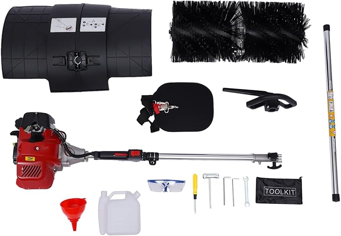 Handheld Sweeper 52CC 2 Stroke Gasoline Power Sweeper Outdoor Sweeping Broom 2.3HP Walk Behind Sweeper Cleaner 23.5'' Turf Lawns Driveway Grass Sweeping Cleaning Tool