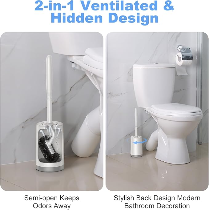 HAMITOR Toilet Bowl Brush Holder Set: Curved Design with Holder for Deep Cleaning Under Rim - Compact Hidden Scrubber for Small Space - Modern RV Bathroom Accessories - 2 Pack
