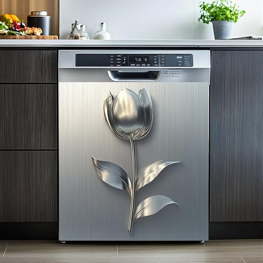 Dishwasher Magnet Cover Sticker,Brushed Silver Stainless Steel Style Background Flower Pattern Fridge Door Cover Magnetic,Refrigerator Magnet Wraps Vinyl,Home Decor Vinyl Sticker,23W x 26H inchs