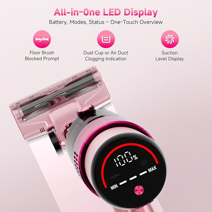 Cordless Vacuum Cleaner: Portable 6-in-1 Stick Vacuum with Anti-Tangle Brush, LED Headlight, Self-Standing, HD Display, Rechargeable Vacuum for Pet Hair, Low-Pile Carpet and Hardwood Floor-Dark Pink