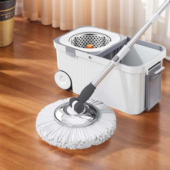 360 Spinning Floor Cleaning System with 6 Replacement Head Refills Extended Handle Household Cleaning Automatic Hand-Free Automatic Dehydration Mop for Household Floor Cleaning (White Blue)