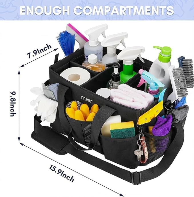Ytonet Extra Large Cleaning Caddy Bag with 4 Foldable Dividers, Wearable Cleaning Caddy Organizer with Handle & Shoulder Strap & Waist Strap, Housekeeping Tote for Cleaners, Black Grey