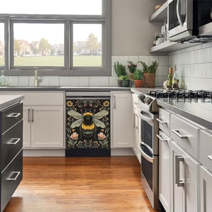 Flower and Bee Pattern Dishwasher Magnetic Cover Sticker Magnetic Refrigerator Full Door Cover Sticker Kitchen Decor Panel Decal 23W x 26H inchs