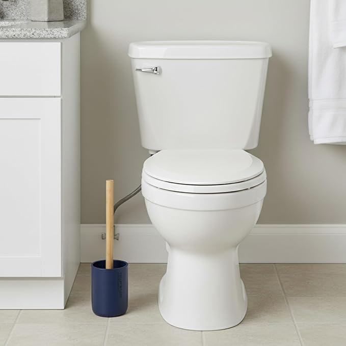 Compact Navy Blue Toilet Brush and Holder Set with Natural Bamboo Handle - Durable Toilet Bowl Brush for Deep Bathroom Cleaning