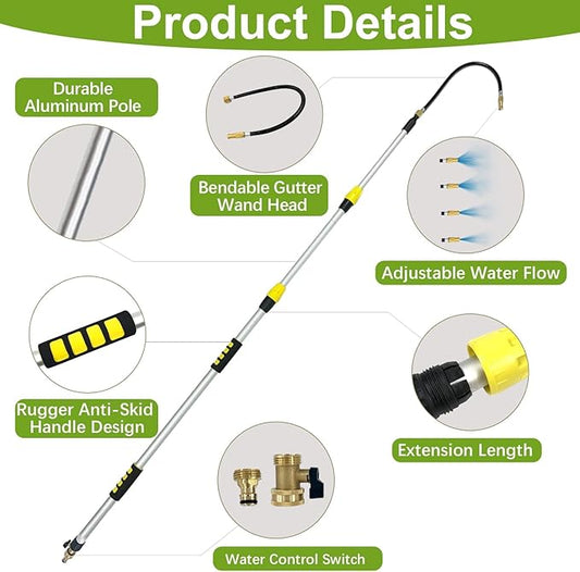 Buyplus 18FT Reach Telescopic Gutter Cleaning Tools from the Ground, Long Reach Gutter Cleaner Wand with Hose Attachment, Rain Gutter Cleaner Tool with Extension Pole for 2nd Story House