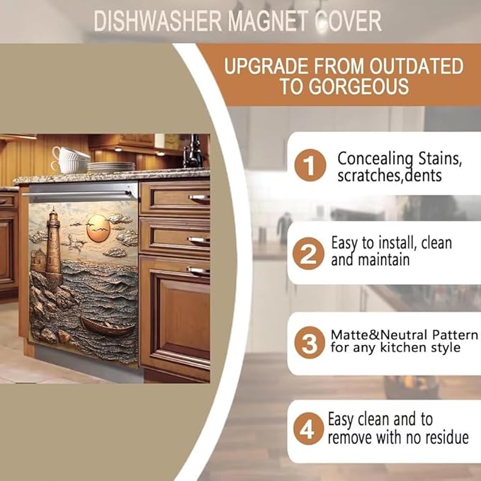 Lighthouse Ocean Scene Kitchen Decor Dishwasher Magnet Cover Decal, 3D Embossed Coastal Sunset Magnetic Dish Washer Panel Door Vinyl Sticker, Refrigerator Magnets,Easy to Clean, 23 x 26 inch