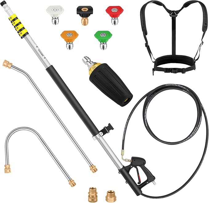 24 FT Telescoping Pressure Washer Wand Extension, Hot Water Supported Power Washer Extension Wand with Turbo Nozzle, 5 Nozzle Tips, 2 Adapters, Harness, Gutter Cleaning Tools from The Ground