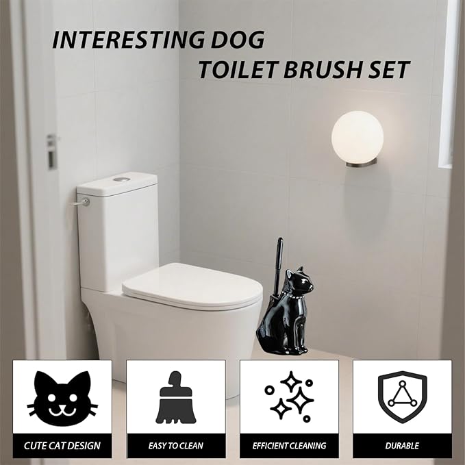 Comeon Ceramic Cat White/Black Toilet Brush and Holder Set, Plastic Handled Scrub Brush for Bathroom Cleaning,10.63"*6.3" (Black)