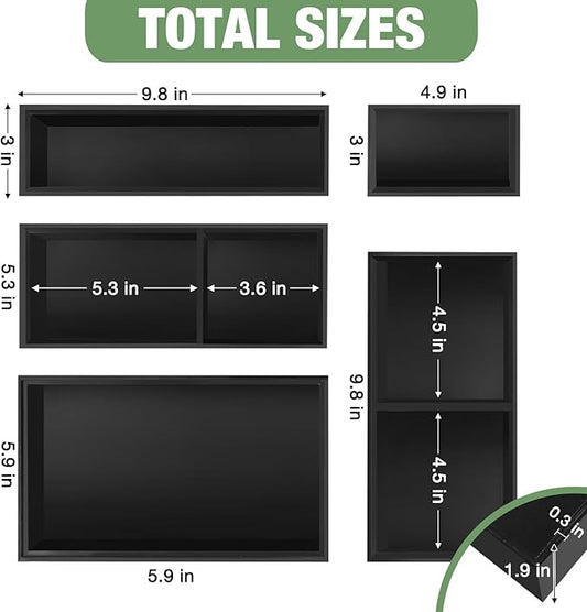 Bamboo Drawer Organizer, 5-Piece Silverware & Kitchen Organizer Set with Removable Dividers for Kitchen, Utensils, Bathroom, Office, Makeup (Black)
