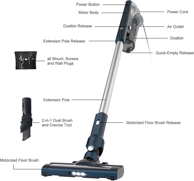 Corded Stick Vacuum Cleaner for Home Pet Hair & Hard Floors,500W 16.7Ft Power Cord Ultra-Lightweight Vacuum Cleaner with Powerful Suction for Tile and Low-Pile Carpet Handheld Vac(VA002)