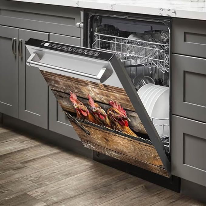 Wood Board and Rooster Pattern Dishwasher Magnet Cover Sticker Magnetic Refrigerator Panel Sticker Decorative Front Door Decal 23W x 17H inchs