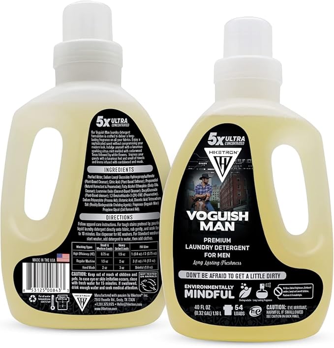 Hiketron Voguish Man Liquid Laundry Detergent, 5x Ultra Concentrated, Tough Stains Remover, Long Lasting Scent (40 Fl Oz, Pack of 1)