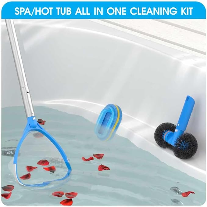 4-in-1 Spa Cleaning Set - Hot Tub Small Pools Maintenance Accessories Kit with Skimmer Net Round Brush Scrubber and 2ft Pole