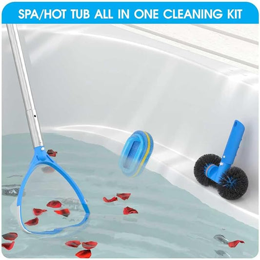 4-in-1 Spa Cleaning Set - Hot Tub Small Pools Maintenance Accessories Kit with Skimmer Net Round Brush Scrubber and 2ft Pole