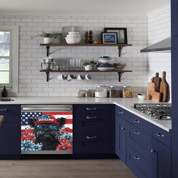 Black Patriotic Puppy Dishwasher Magnet Cover American Flag and Flowers Magnetic Dishwasher Cover Magnets Decorative Cover Refrigerator Appliances Panel Sheets 23" x 17" Magnetic