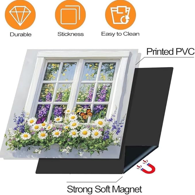 Kitchen Decor Dishwasher Magnet Cover Decal, Floral Window Garden with Daisies and Butterfly, Magnetic Dish Washer Panel Door Vinyl Sticker, Refrigerator Magnets,Easy to Clean, 23 x 26 inch
