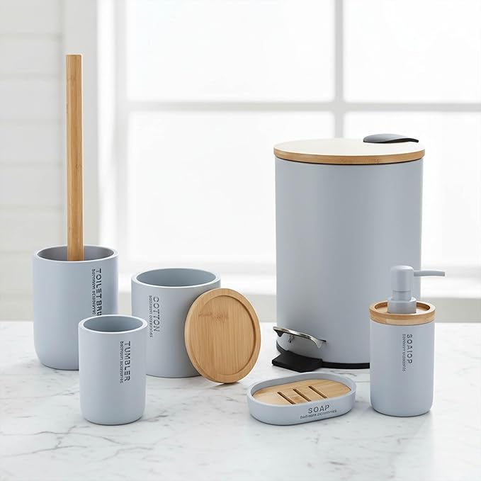 Compact Light Blue Toilet Brush and Holder Set with Natural Bamboo Handle - Durable Toilet Bowl Brush for Deep Bathroom Cleaning