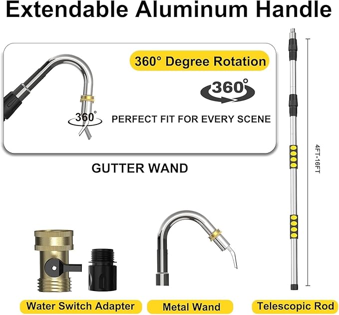 24FT Reach Gutter Cleaning Tools from Ground, Telescopic Rain Gutter Cleaners Tool with Quick Connect Adapter and Heavy Duty Wand for 2nd Story House