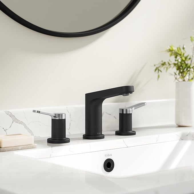 KRAUS Indy Widespread Bathroom Faucet in Spot-Free Brushed Nickel/Matte Black with 2 Handles, Pop Up Drain and Supply Lines, FUS-14103SFBNMB