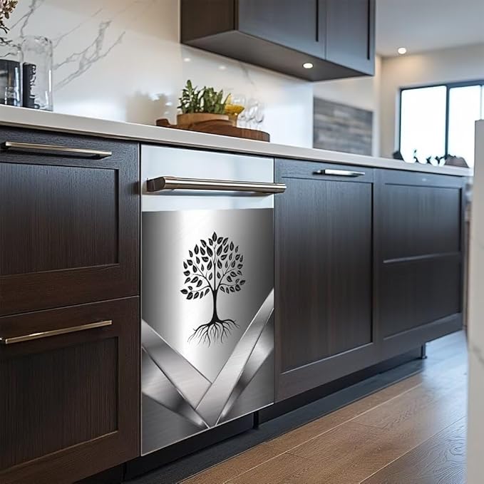 Dishwasher Magnetic Sticker Kitchen Decorative,Stainless Steel Design Tree Pattern Fridge Door Panels,Refrigerator Magnetic Cover,Front Panel Replacement Panel Cover 23W x 26H inchs