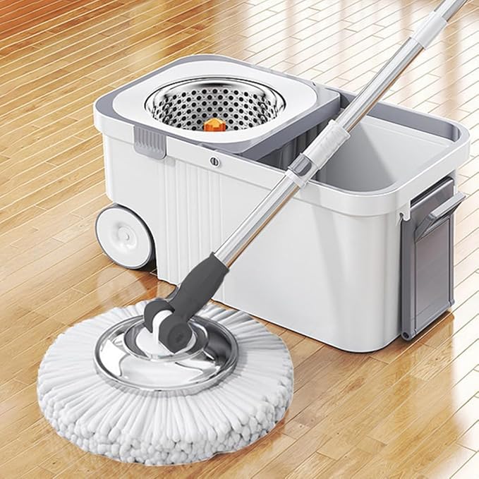 360 Spinning Floor Cleaning System with 6 Replacement Head Refills Extended Handle Hand-Free Automatic Dehydration Mop Cleaning with Bucket for Household Floor Cleaning (White Blue)