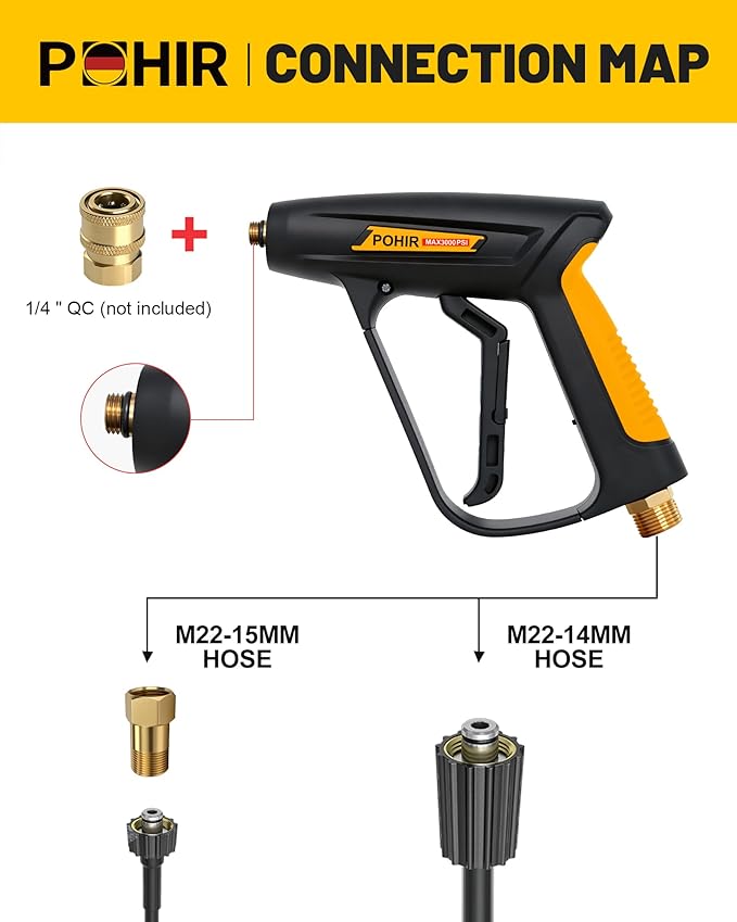Pressure Washer Gun 3000PSI with Spray Nozzle Adjustable and M22 14mm/15mm Fitting, Electric Power Washer Gun for Garden Yard Cleaning Car Wash